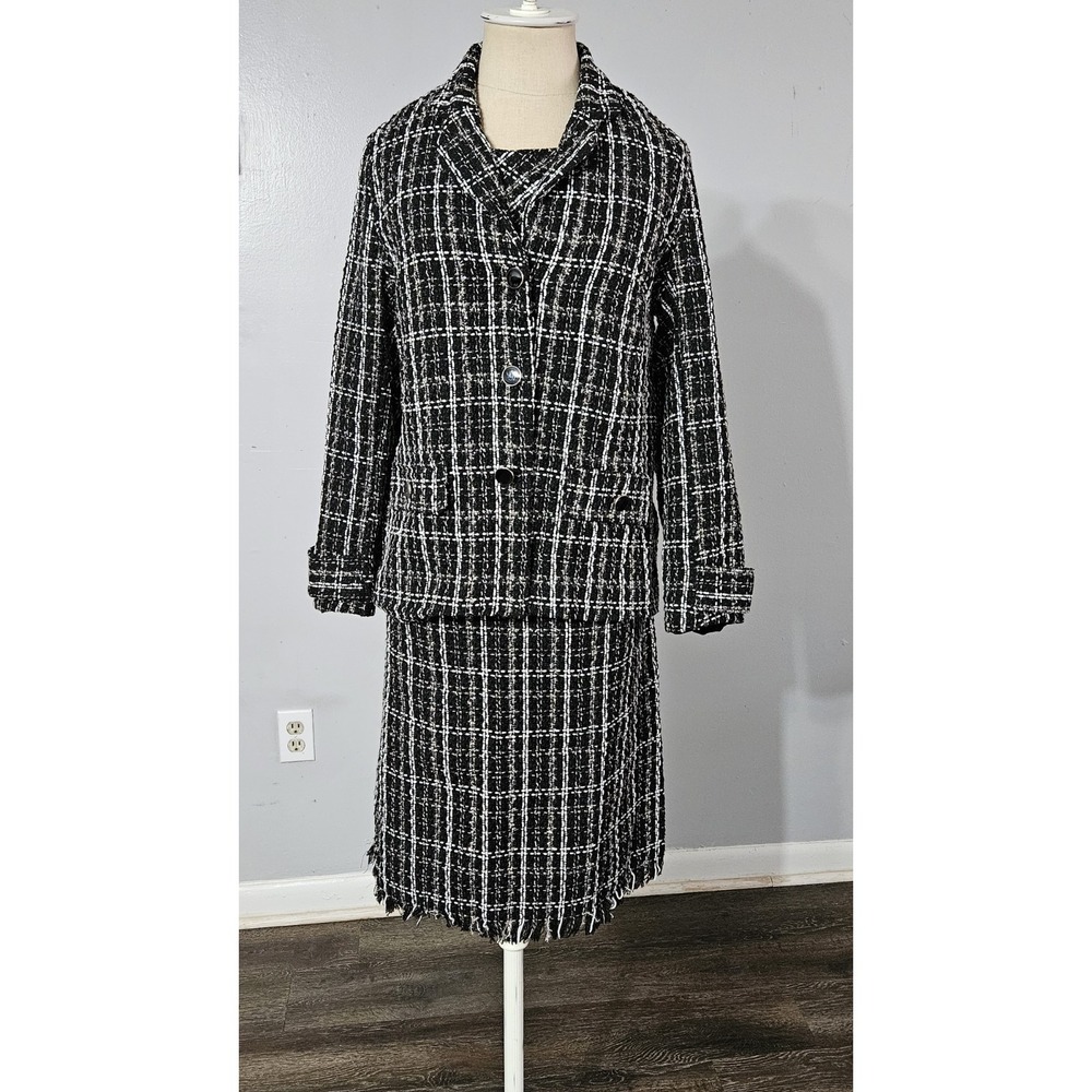 NY Collection Womens 2 Piece Tweed Dress Suit, In Black,White Medium - Picture 5 of 15